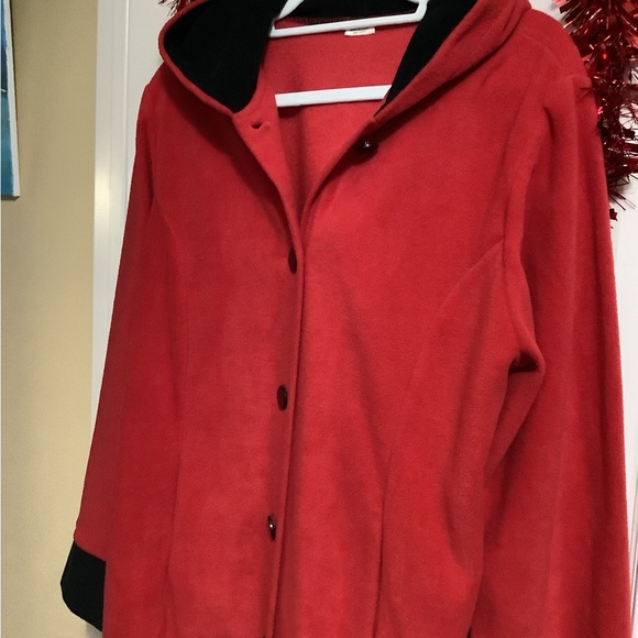 Polar Fleece Red And Blackk jacketed with hood size L black at end of sleeves🌹 - Picture 5 of 7